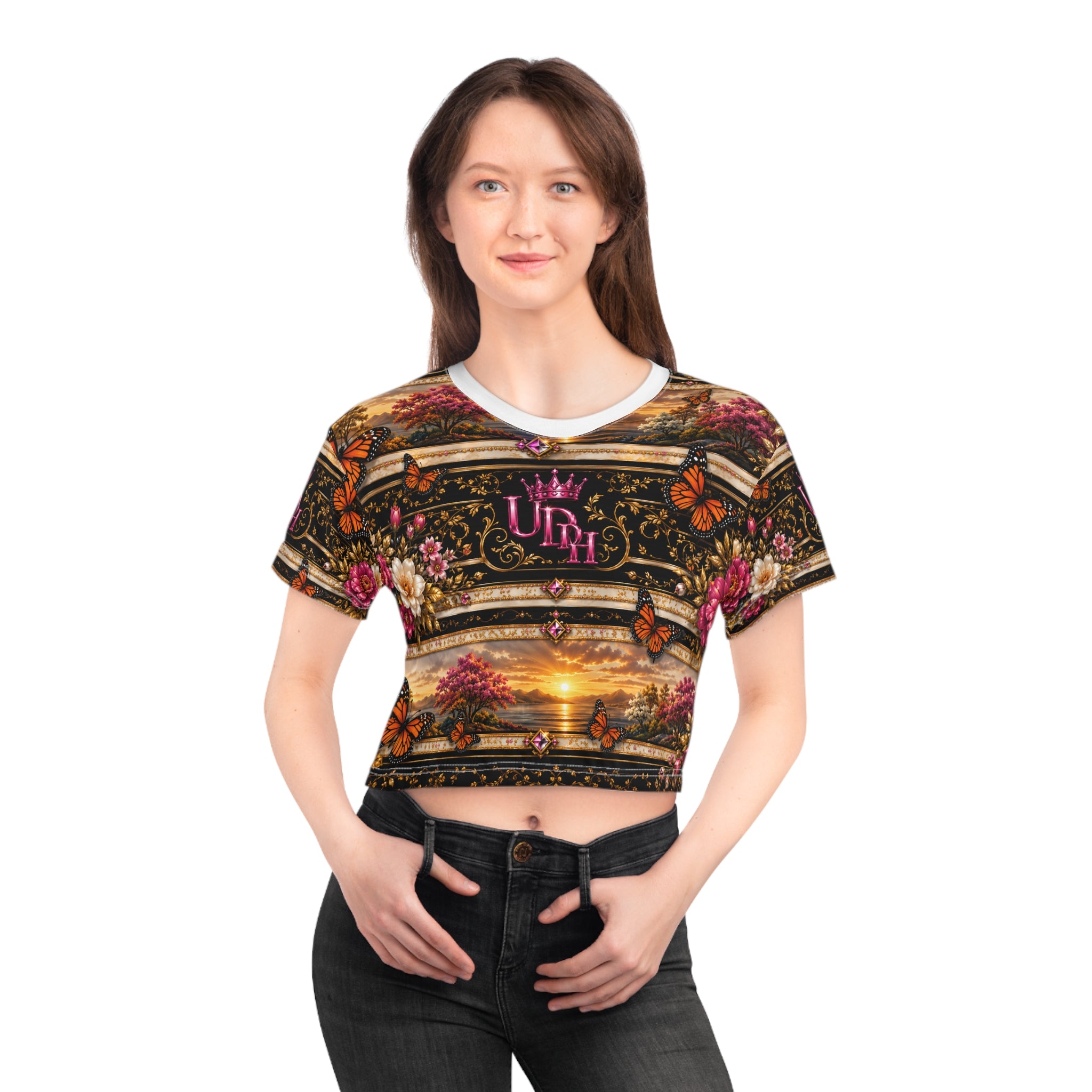 Sunset Butterfly Crop Tee — Floral Monarch All-Over Print