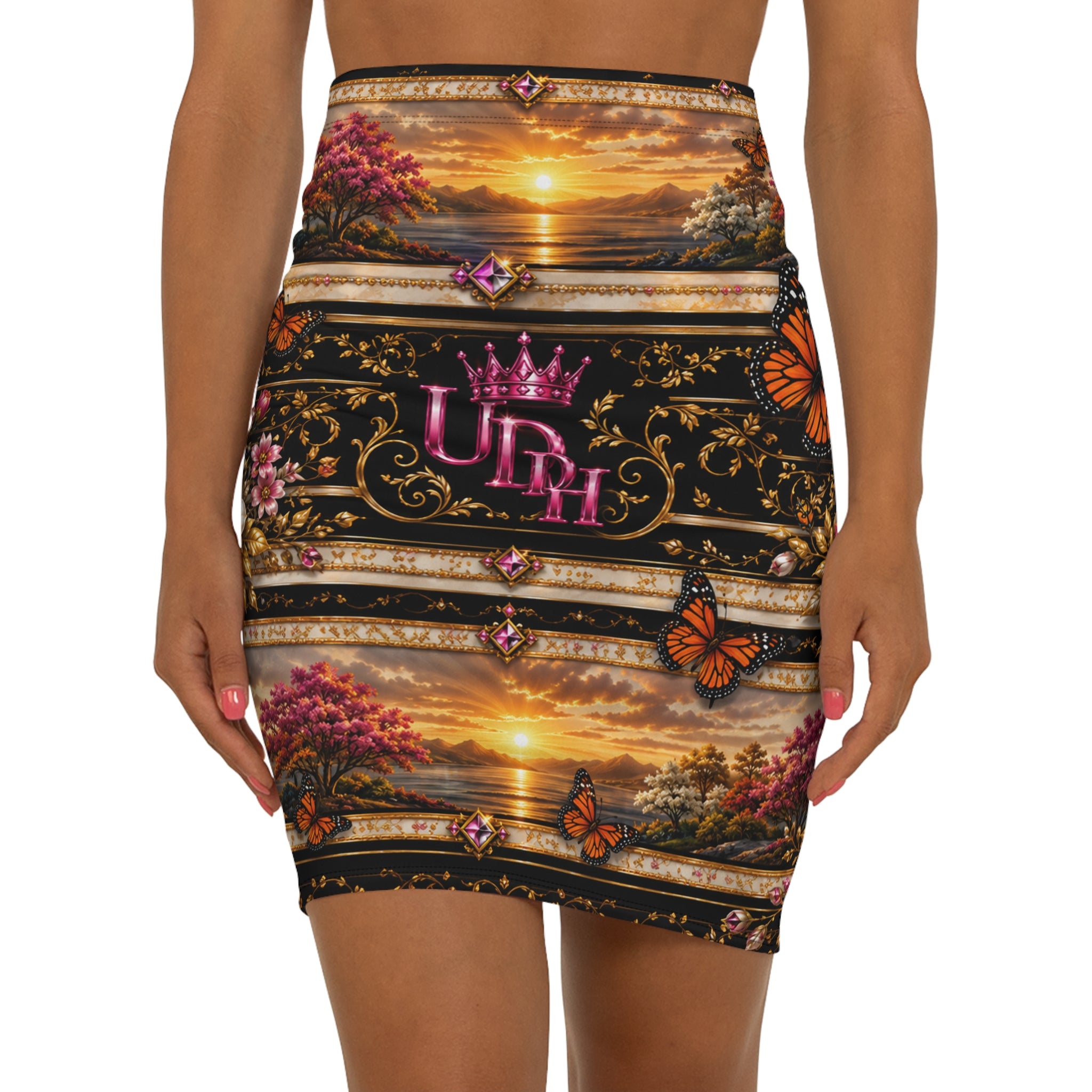 Sunset Crown Pencil Skirt — 'Queen' Butterfly Scenic Print