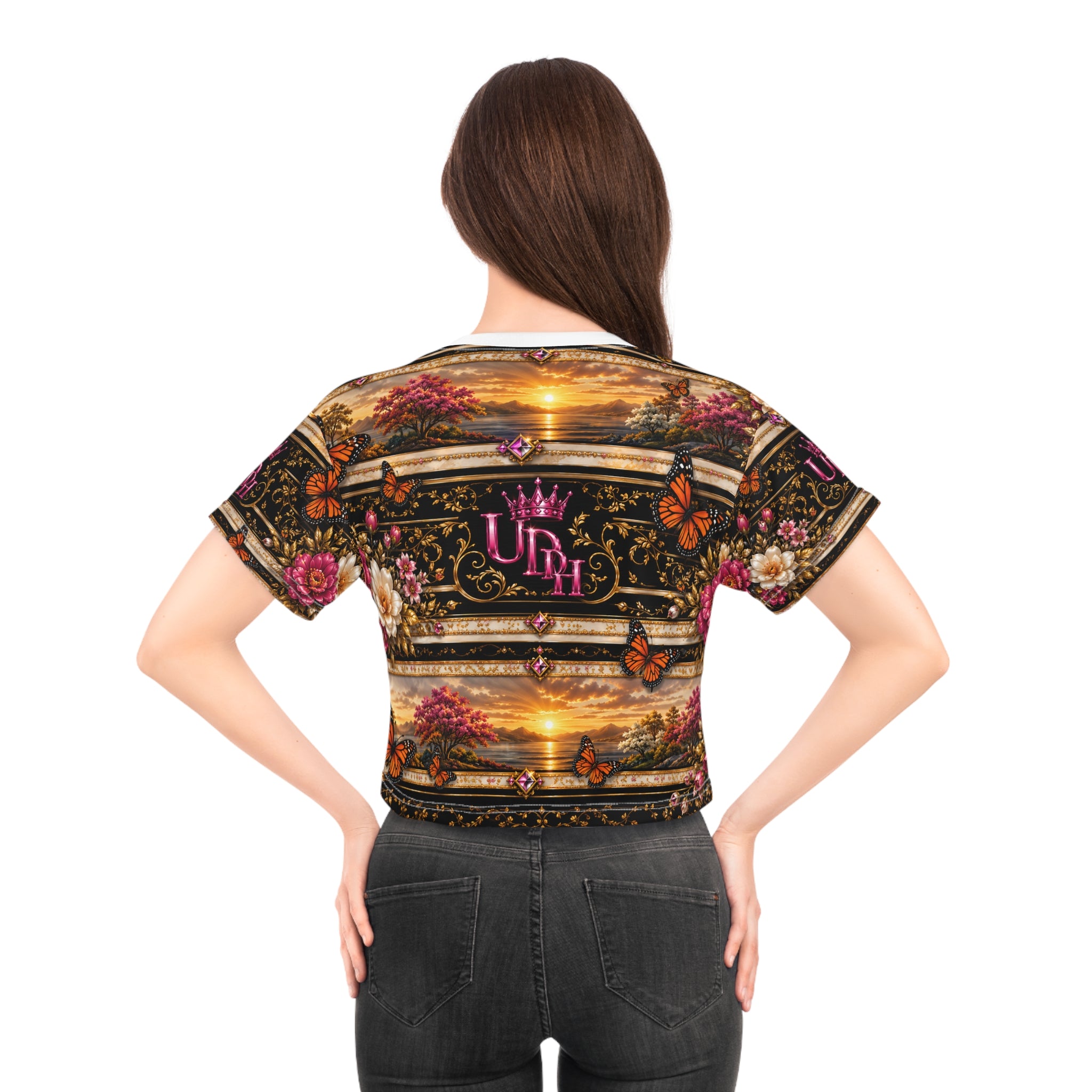Sunset Butterfly Crop Tee — Floral Monarch All-Over Print
