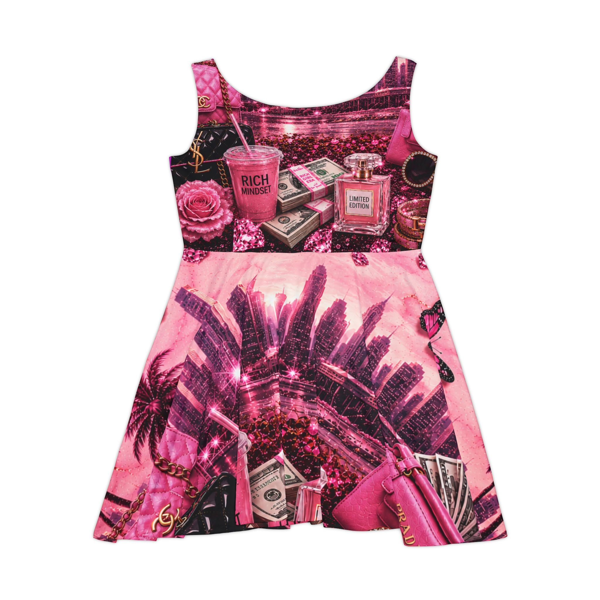 Pink Luxe Collage Skater Dress – Glam Perfume, Roses & Money Print