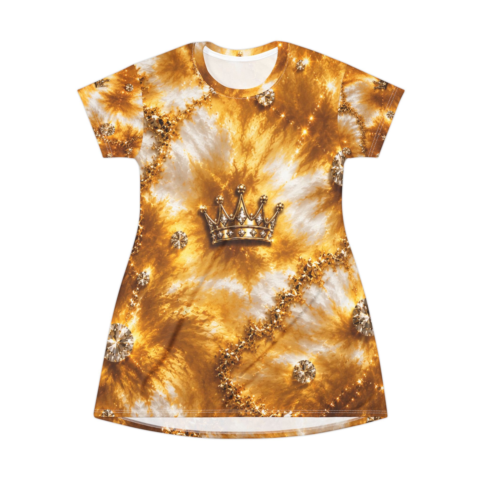 Gold Tie-Dye Crown T-Shirt Dress — Regal Boho Casual