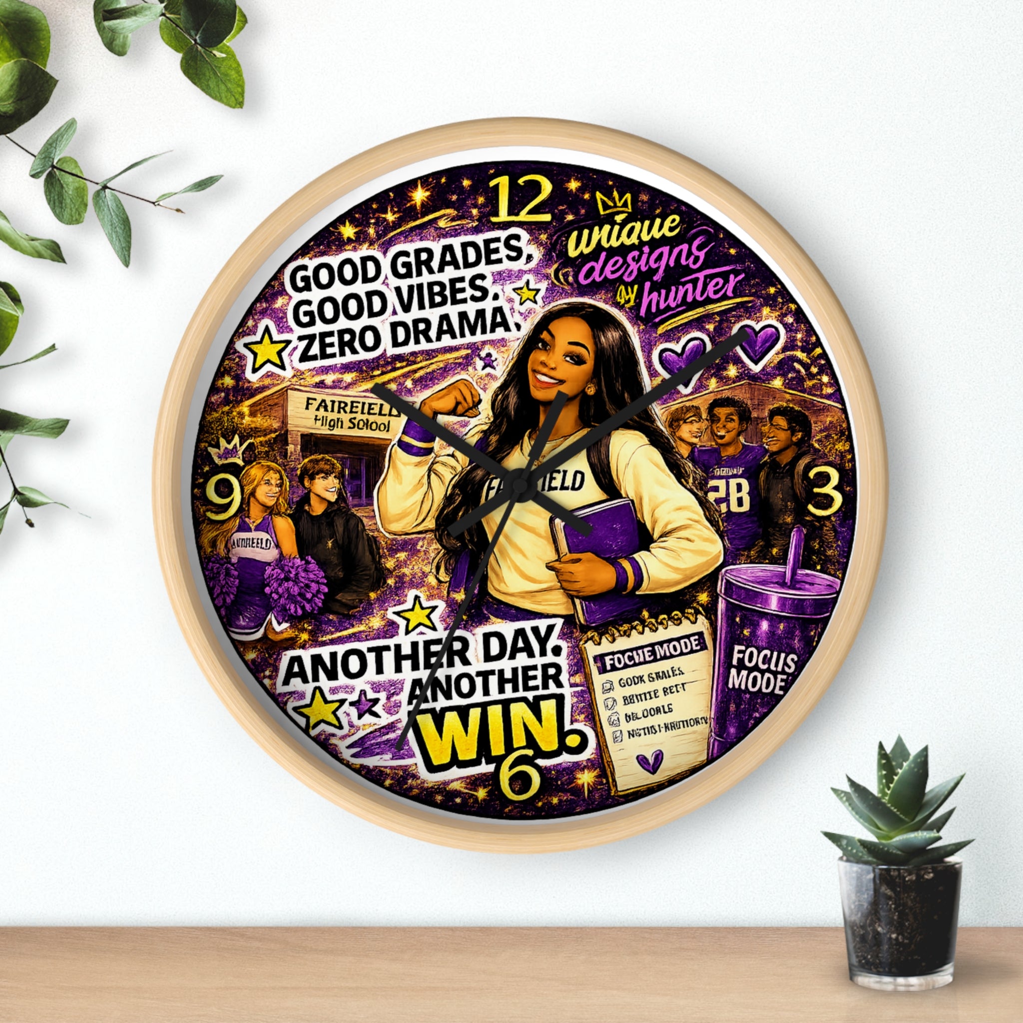 OLIVIA Collection - 10" Round Wall Clock — "Good Grades. Good Vibes. Zero Drama." Motivational Purple & Gold