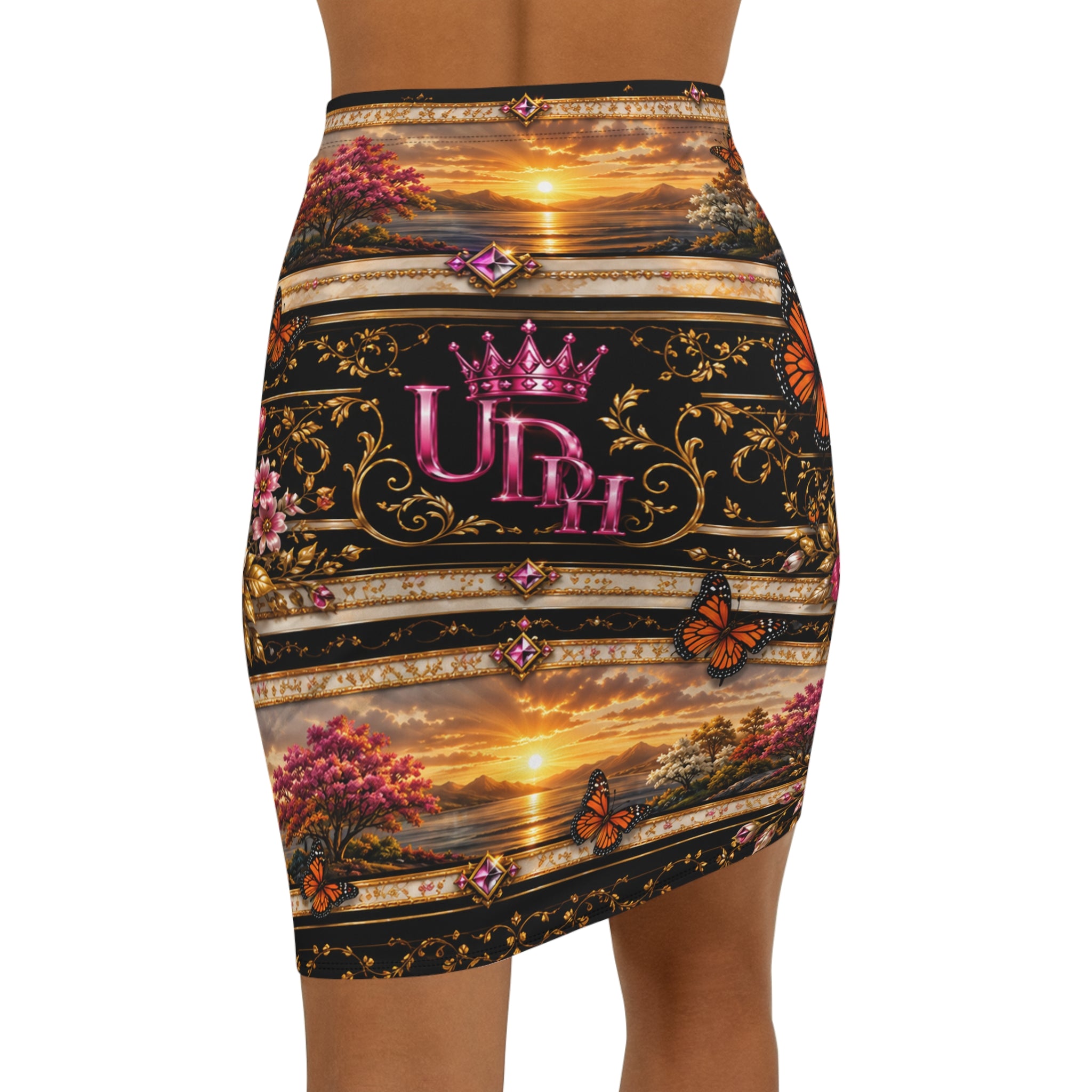 Sunset Crown Pencil Skirt — 'Queen' Butterfly Scenic Print