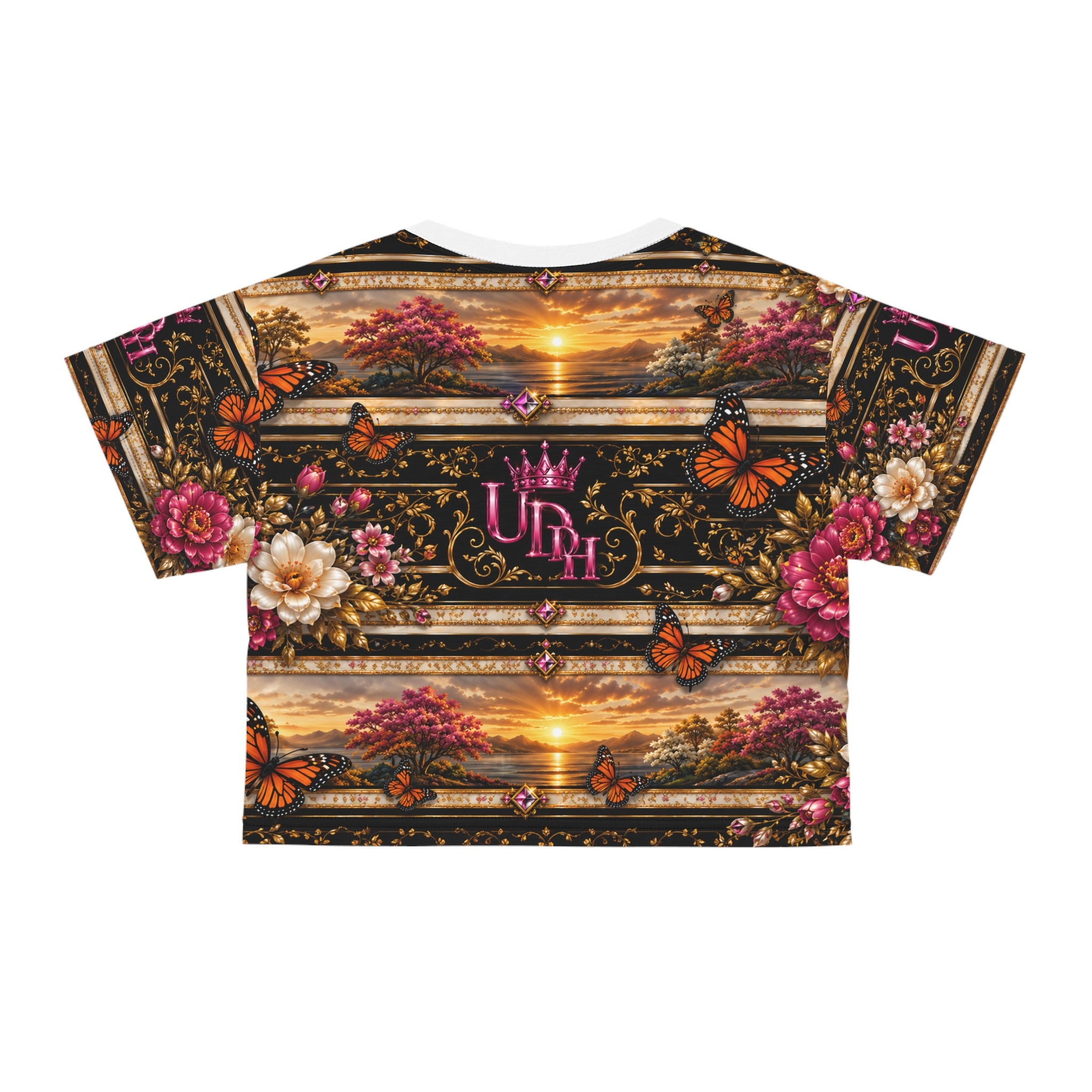 Sunset Butterfly Crop Tee — Floral Monarch All-Over Print