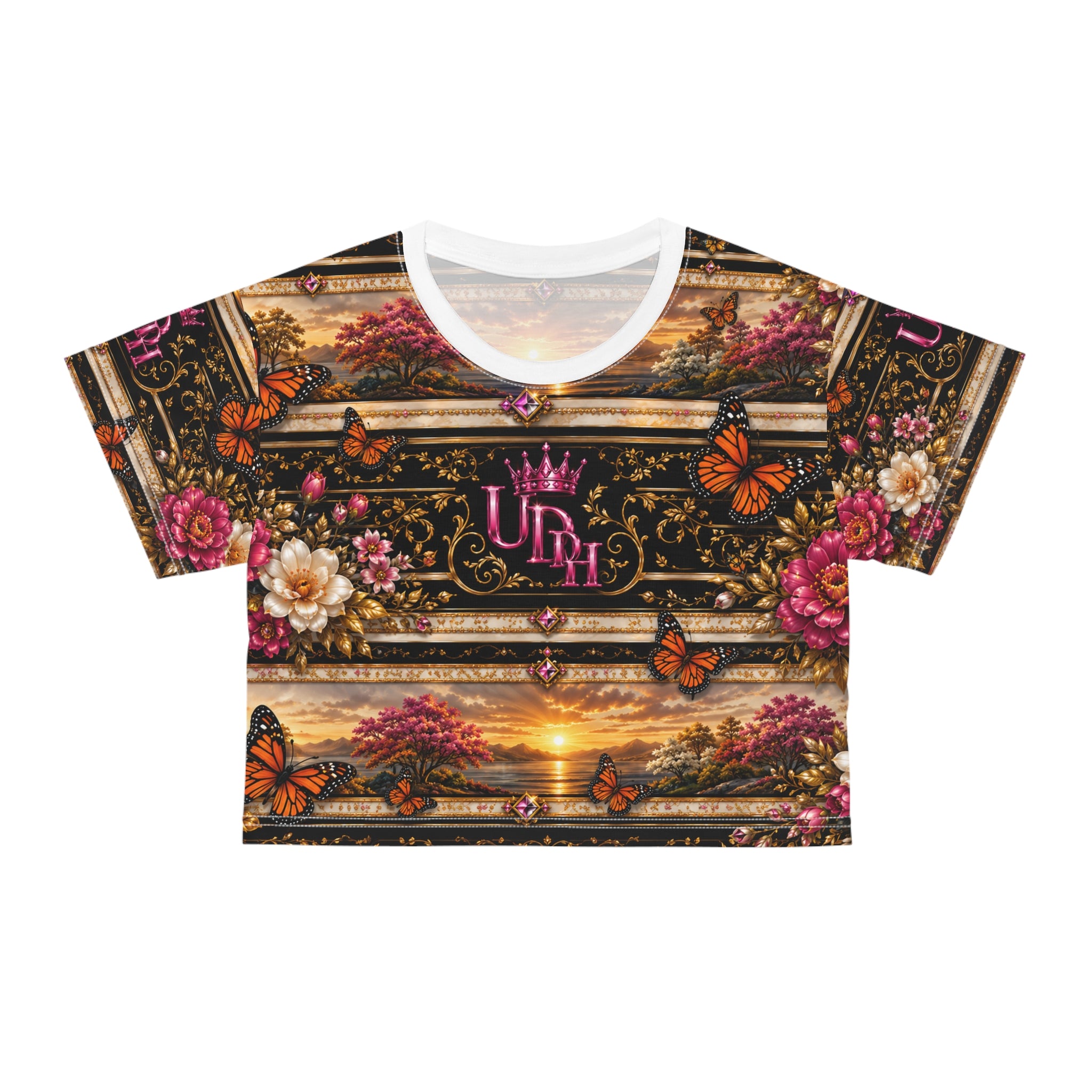 Sunset Butterfly Crop Tee — Floral Monarch All-Over Print