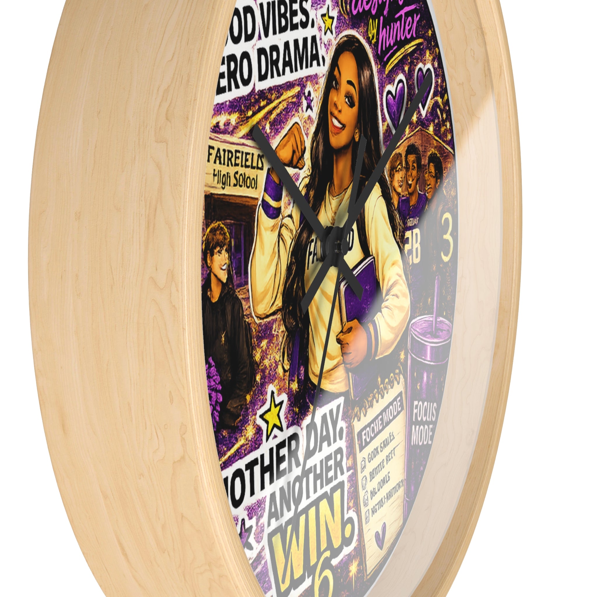 OLIVIA Collection - 10" Round Wall Clock — "Good Grades. Good Vibes. Zero Drama." Motivational Purple & Gold