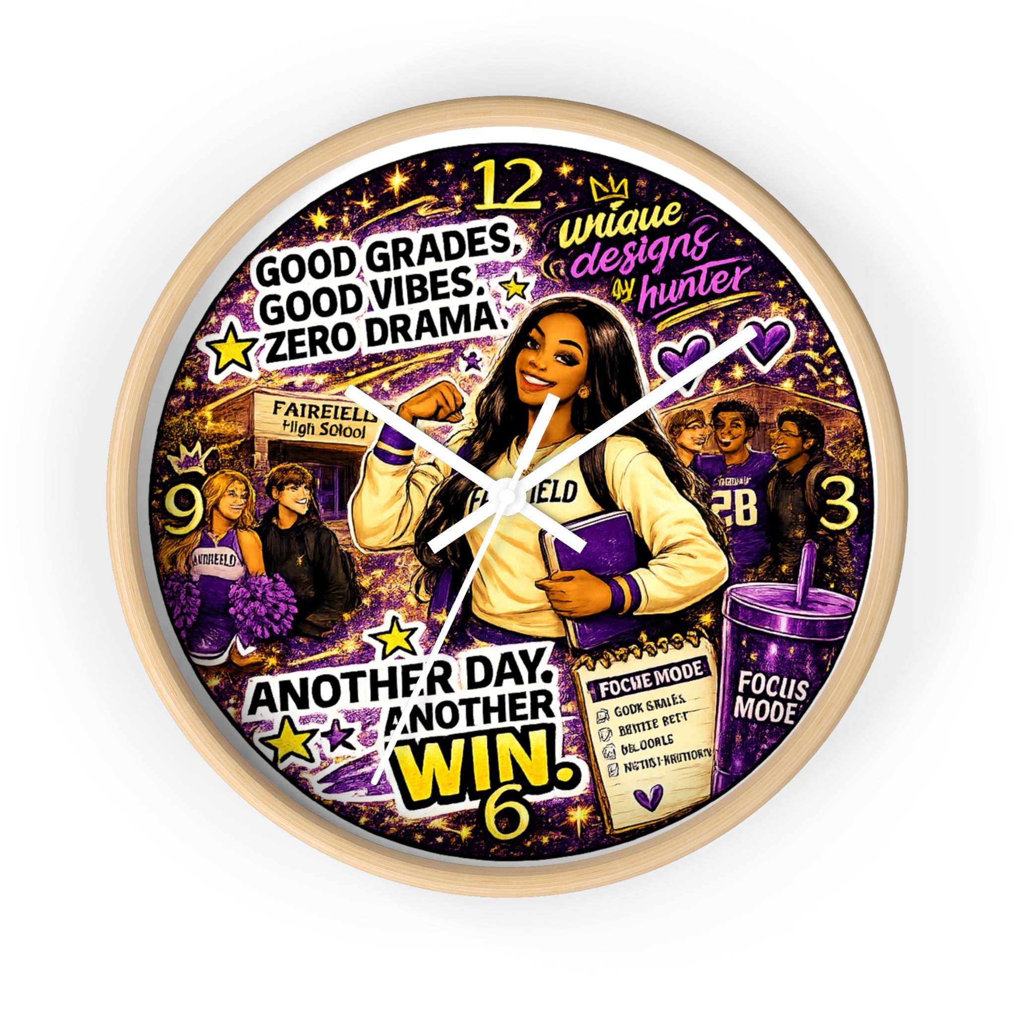 OLIVIA Collection - 10" Round Wall Clock — "Good Grades. Good Vibes. Zero Drama." Motivational Purple & Gold