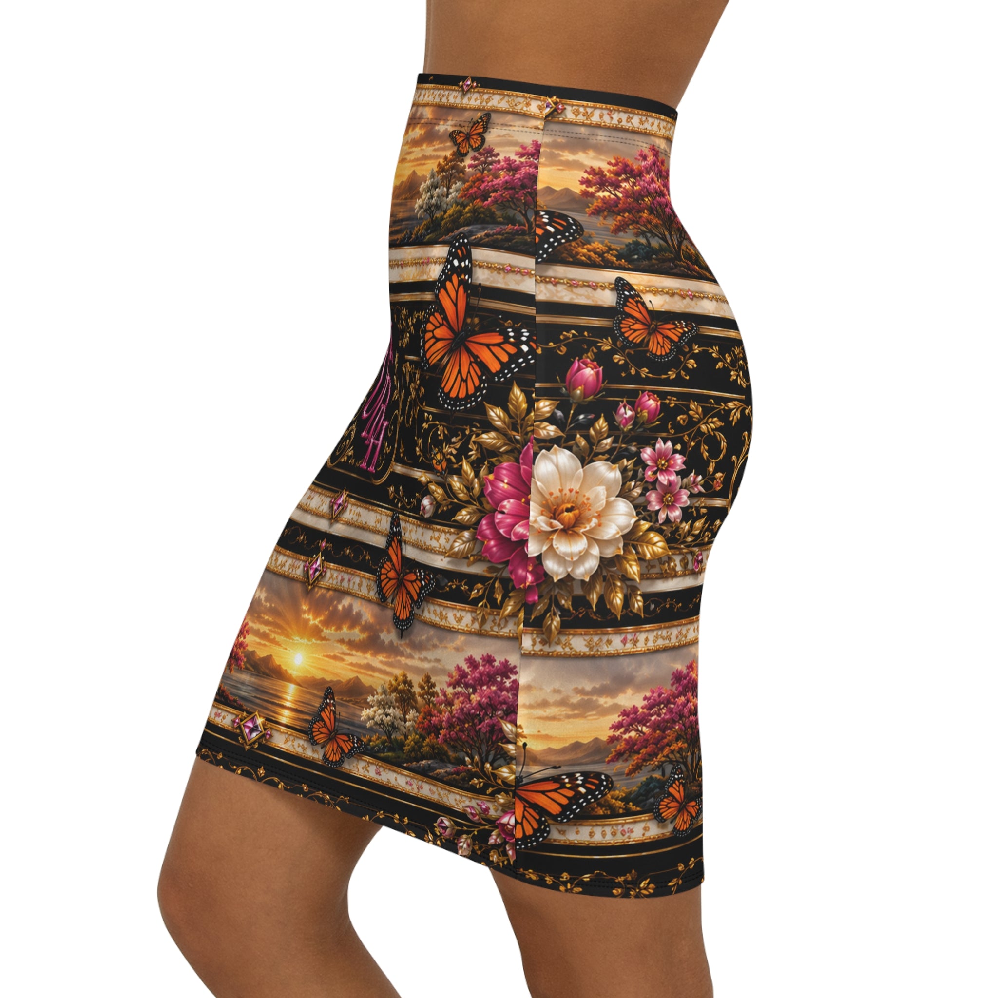 Sunset Crown Pencil Skirt — 'Queen' Butterfly Scenic Print