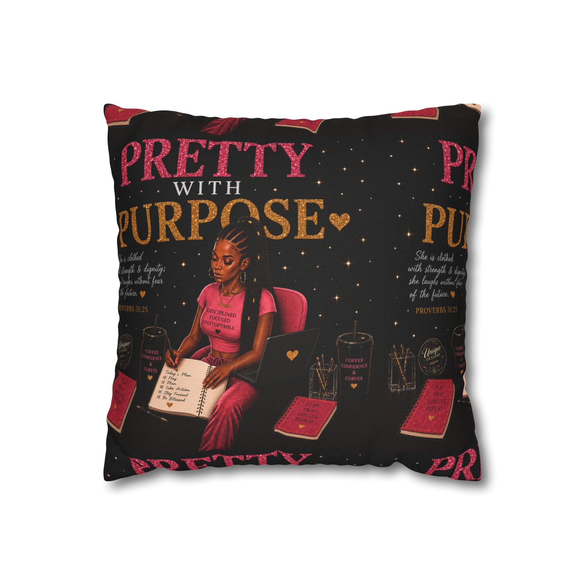 Pretty With Purpose Black & Gold Pillow Case Set — Inspirational "Proverbs 31:25" Glam Pillowcases (Set of 2)