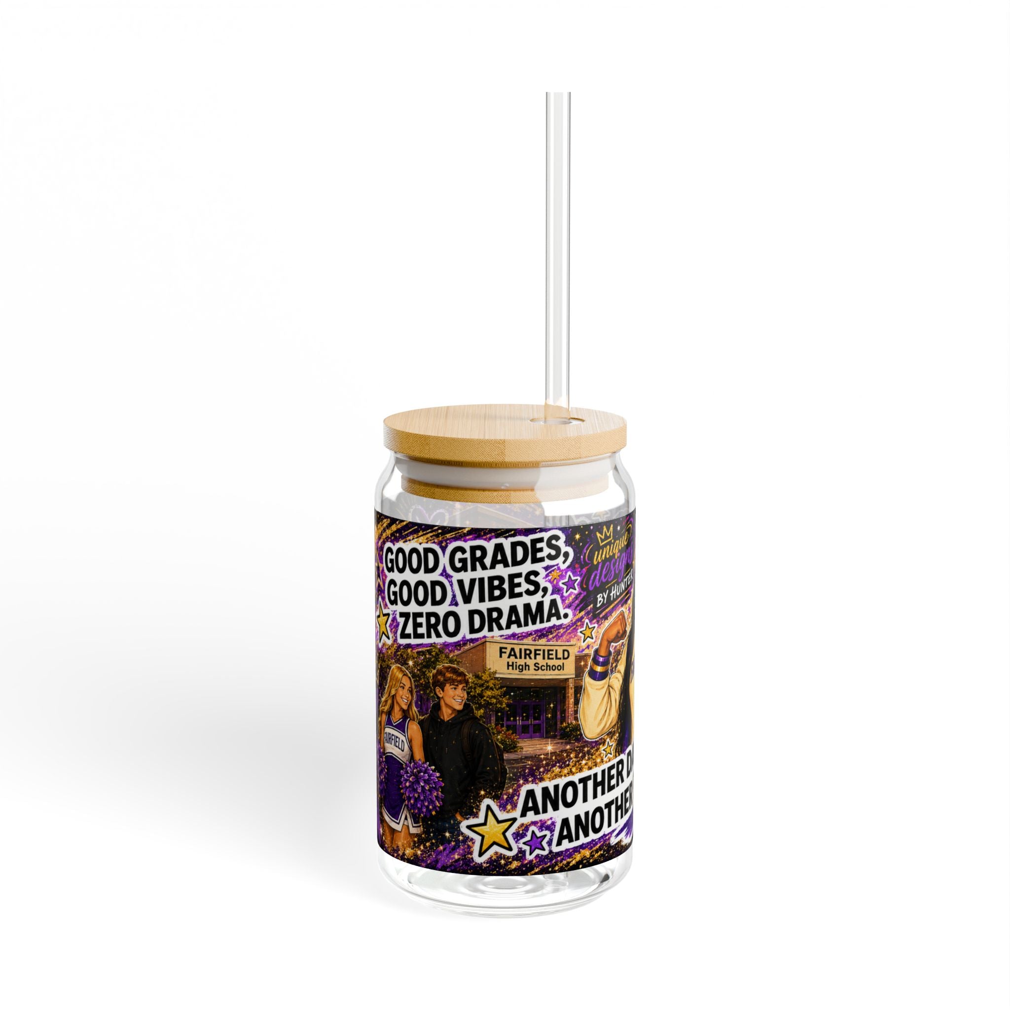 OLIVIA Collection 16oz Sipper Glass — High School Education = Excellence | Motivational Purple & Gold Tumbler