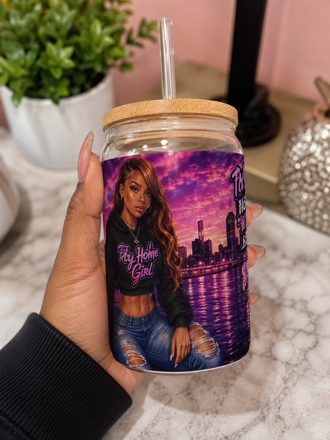 Fly Home Girl 16oz Sippy Glass — Purple Sunset Cityscape with Reusable Straw