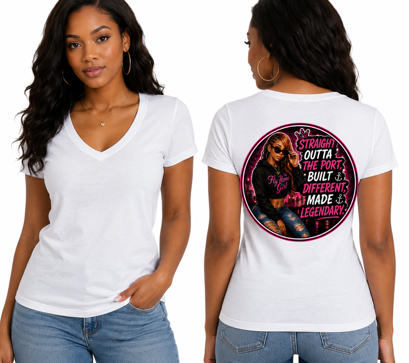 Fly Home Girl - Women’s V-Neck Tee — “Straight Outta The Port”