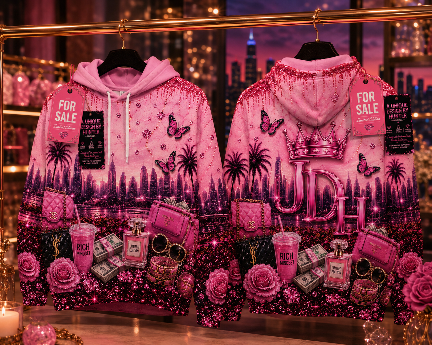 Pink Luxury Vibe Hoodie – "RICH" All-Over Print Hooded Pullover