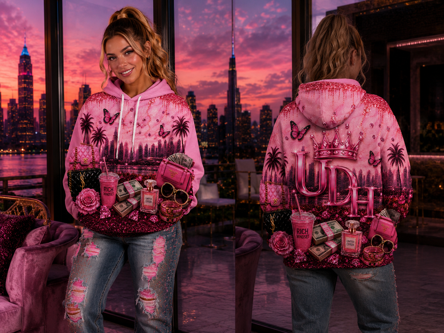 Pink Luxury Vibe Hoodie – "RICH" All-Over Print Hooded Pullover