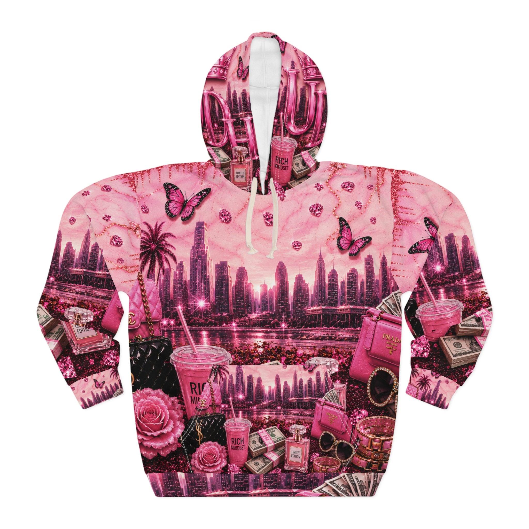 Pink Luxury Vibe Hoodie – "RICH" All-Over Print Hooded Pullover