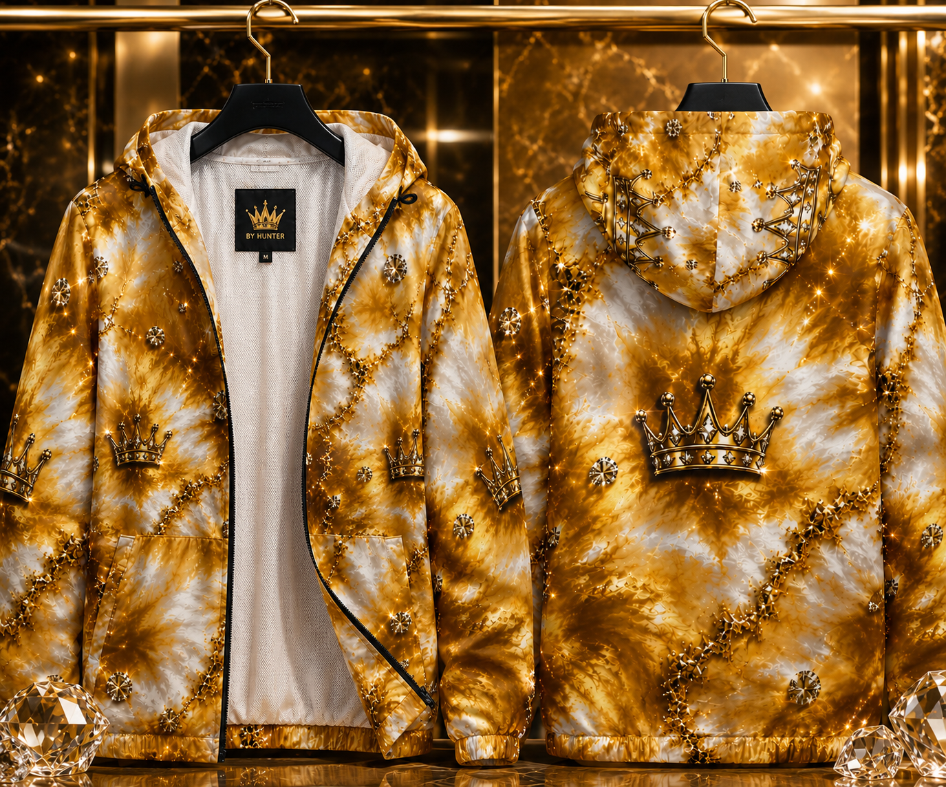 Gold Tie-Dye Crown Windbreaker Jacket — Royal All-Over Print
