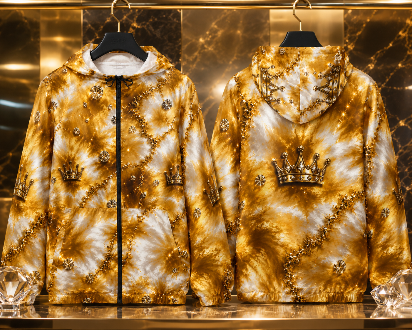 Gold Tie-Dye Crown Windbreaker Jacket — Royal All-Over Print
