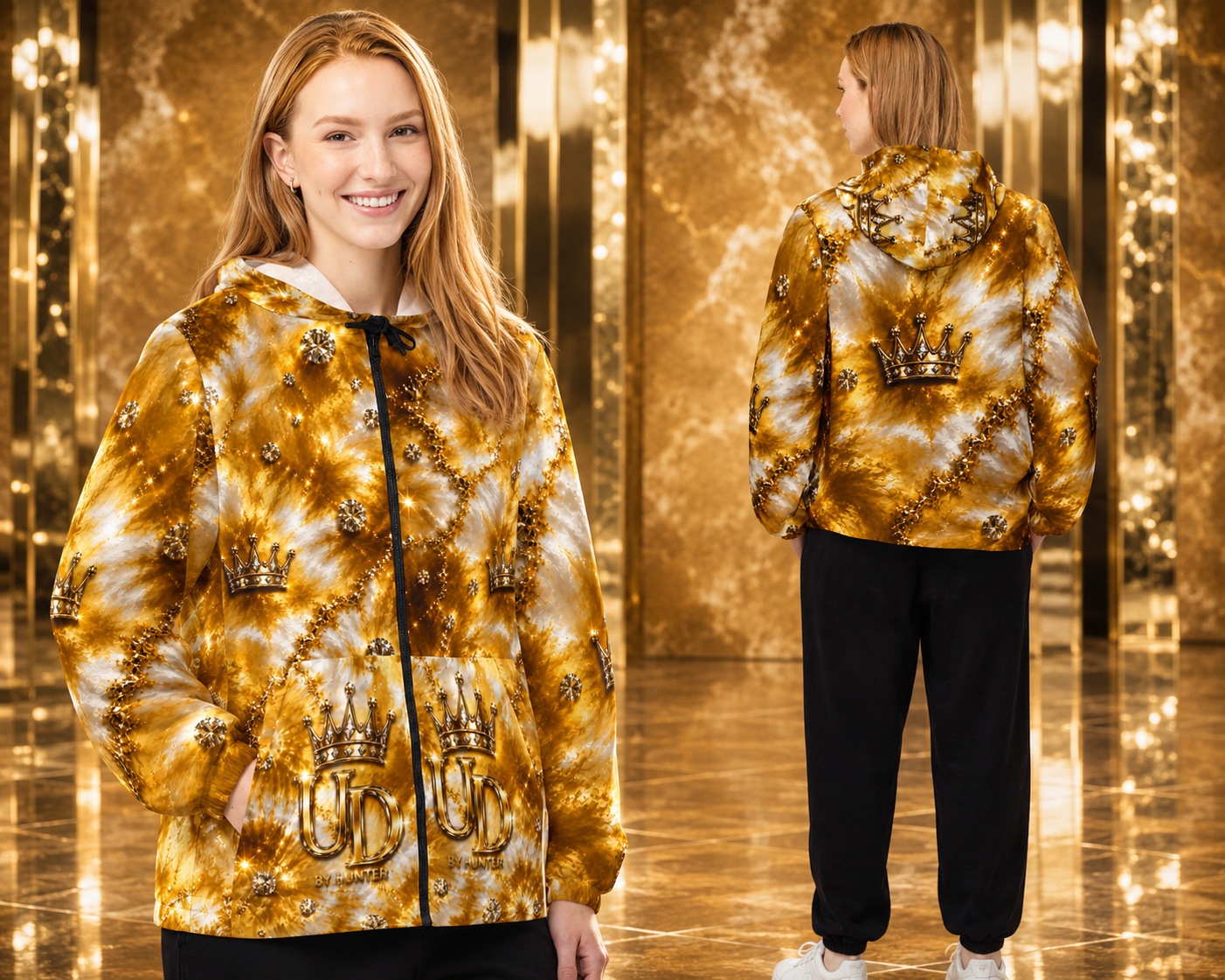 Gold Tie-Dye Crown Windbreaker Jacket — Royal All-Over Print