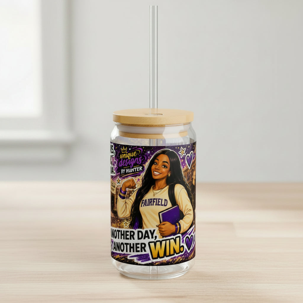 OLIVIA Collection 16oz Sipper Glass — High School Education = Excellence | Motivational Purple & Gold Tumbler