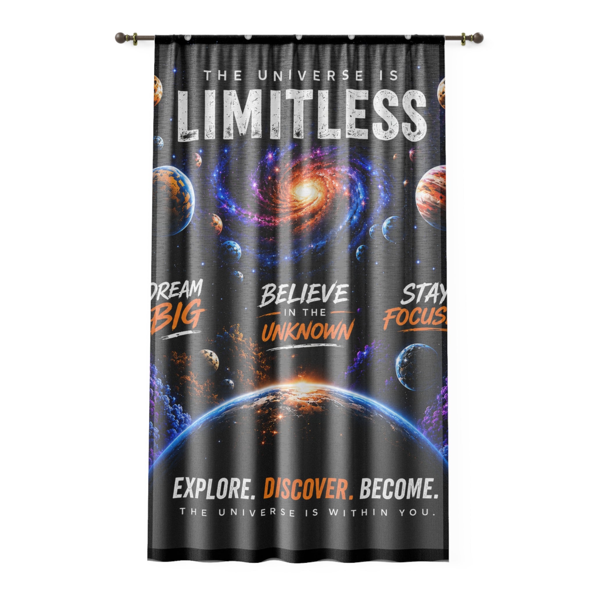 Inspirational Space Quote Window Curtain — "There's No Limit to the Universe"