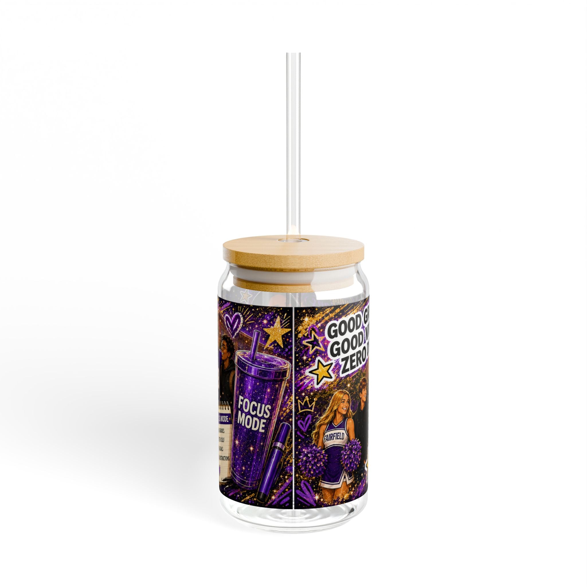 OLIVIA Collection 16oz Sipper Glass — High School Education = Excellence | Motivational Purple & Gold Tumbler