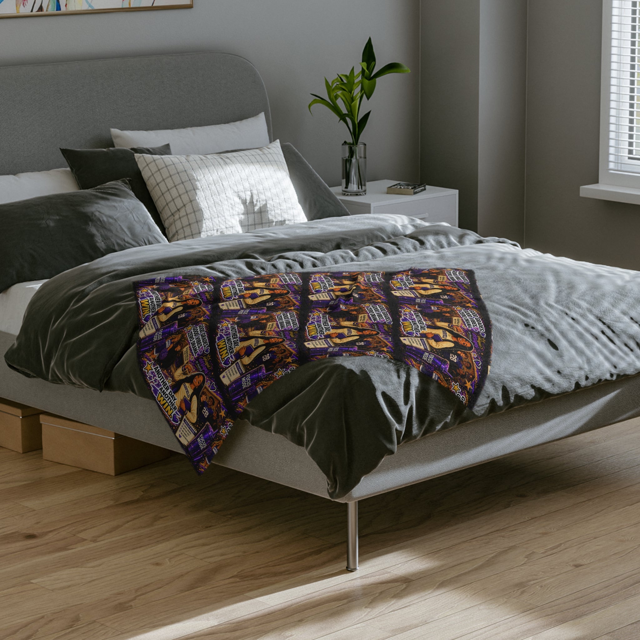 OLIVIA Collection Custom - Velveteen Microfiber Blanket — Purple Cheer Motivational High School ("Another Day, Another Win")