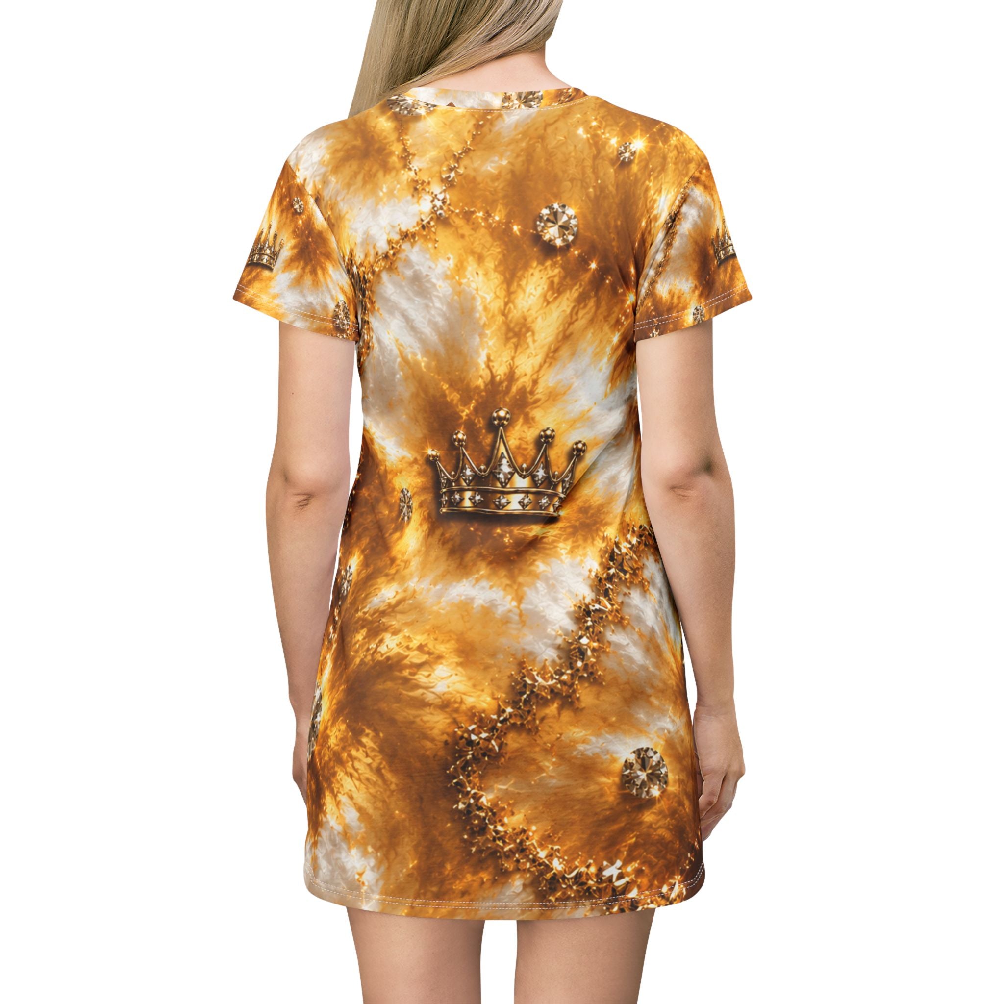 Gold Tie-Dye Crown T-Shirt Dress — Regal Boho Casual