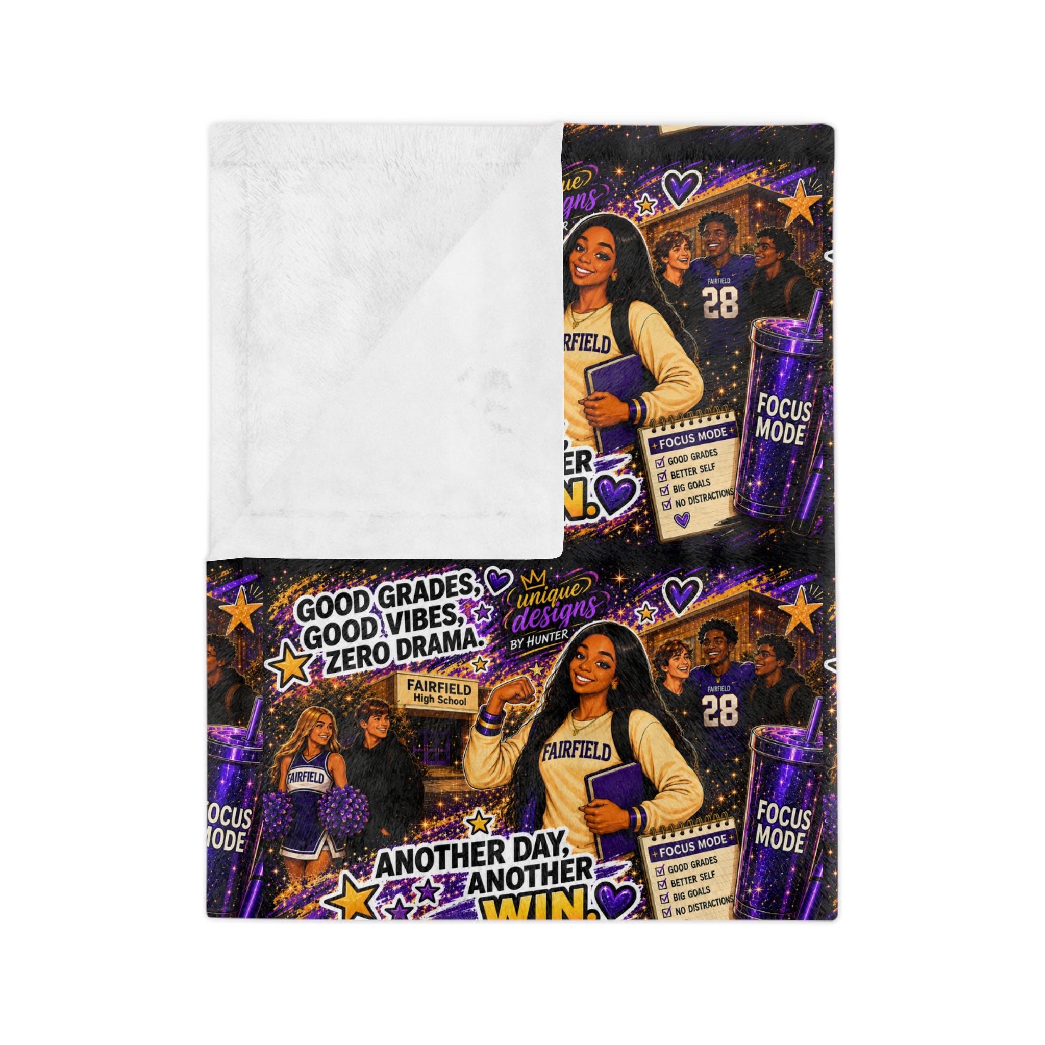 OLIVIA Collection Custom - Velveteen Microfiber Blanket — Purple Cheer Motivational High School ("Another Day, Another Win")