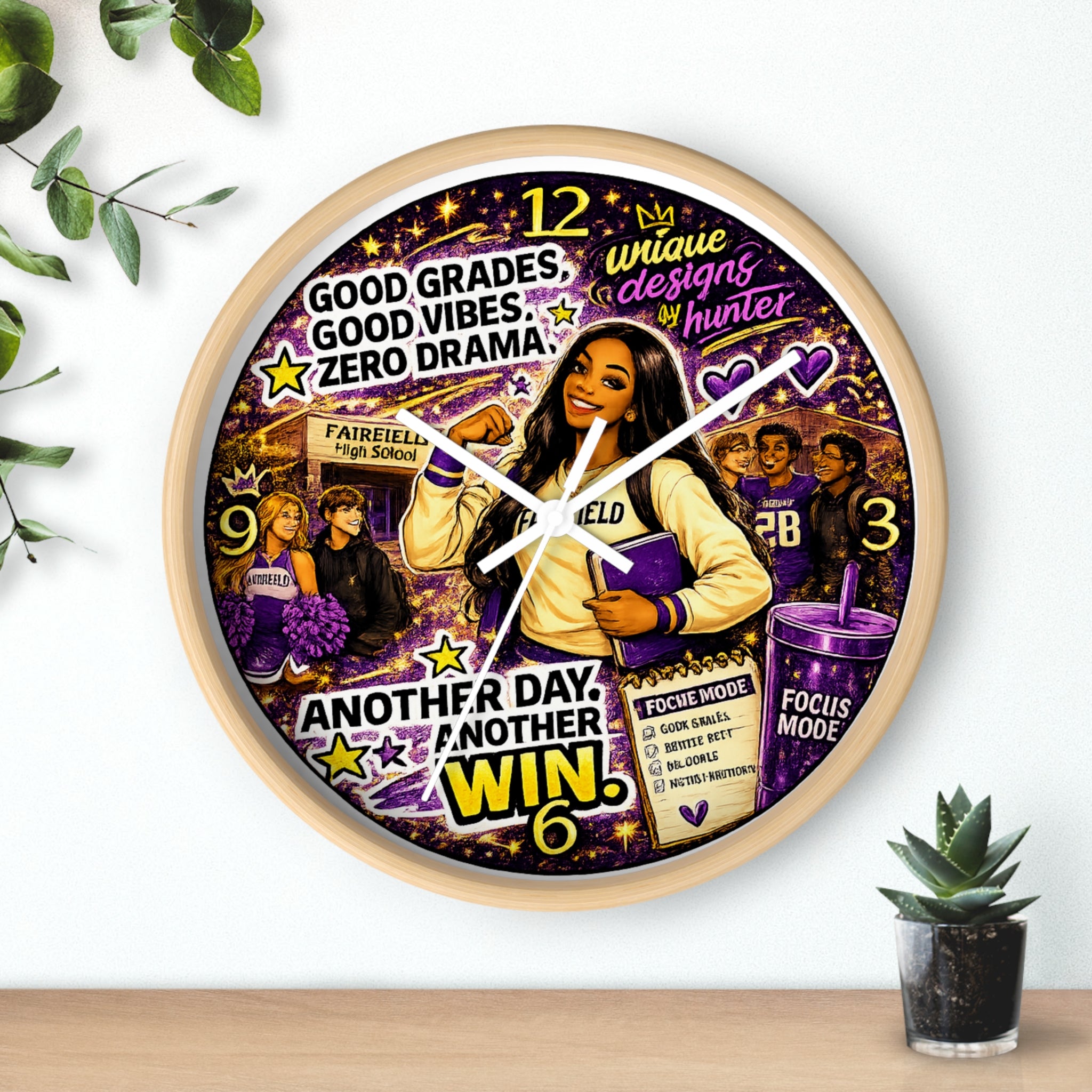 OLIVIA Collection - 10" Round Wall Clock — "Good Grades. Good Vibes. Zero Drama." Motivational Purple & Gold