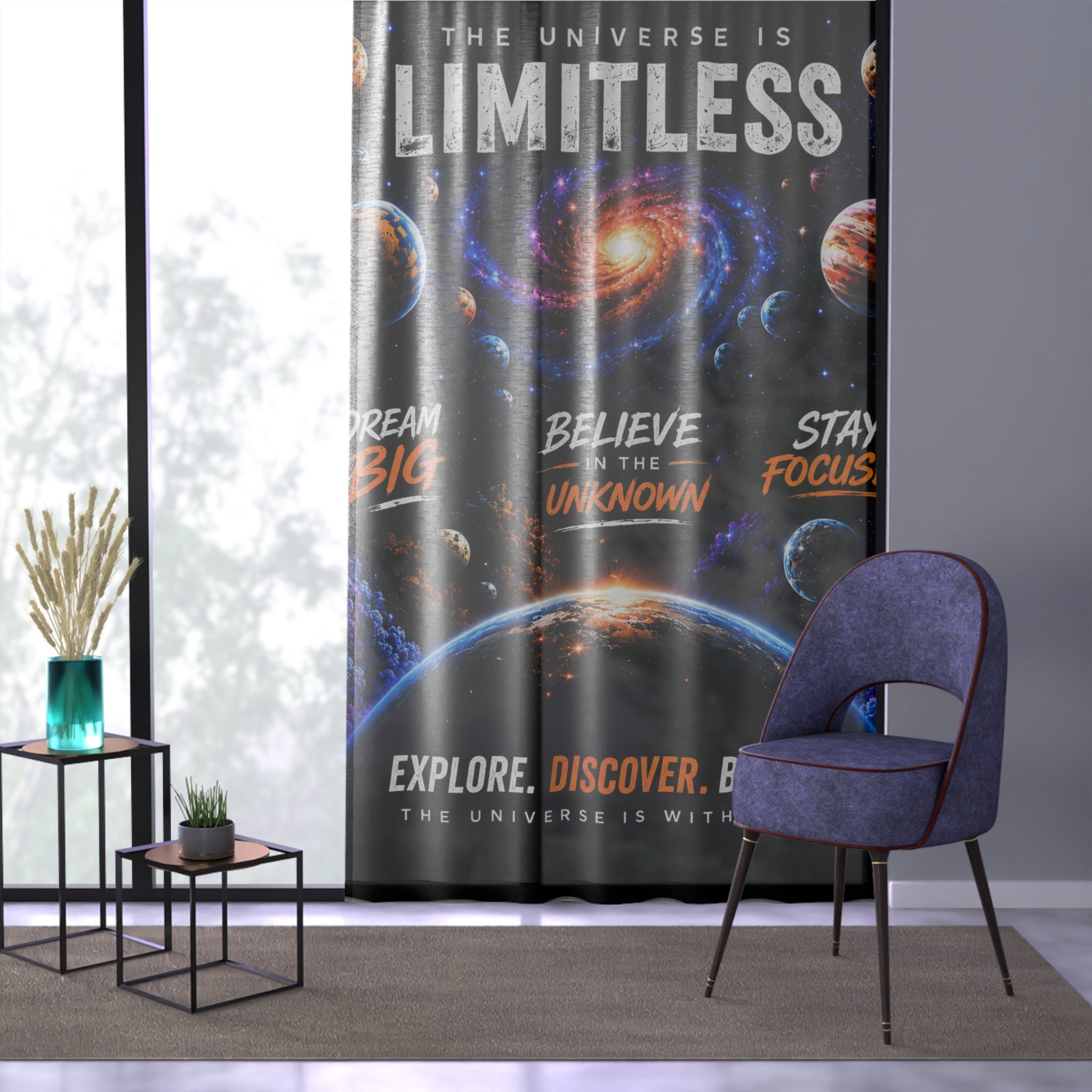 Inspirational Space Quote Window Curtain — "There's No Limit to the Universe"