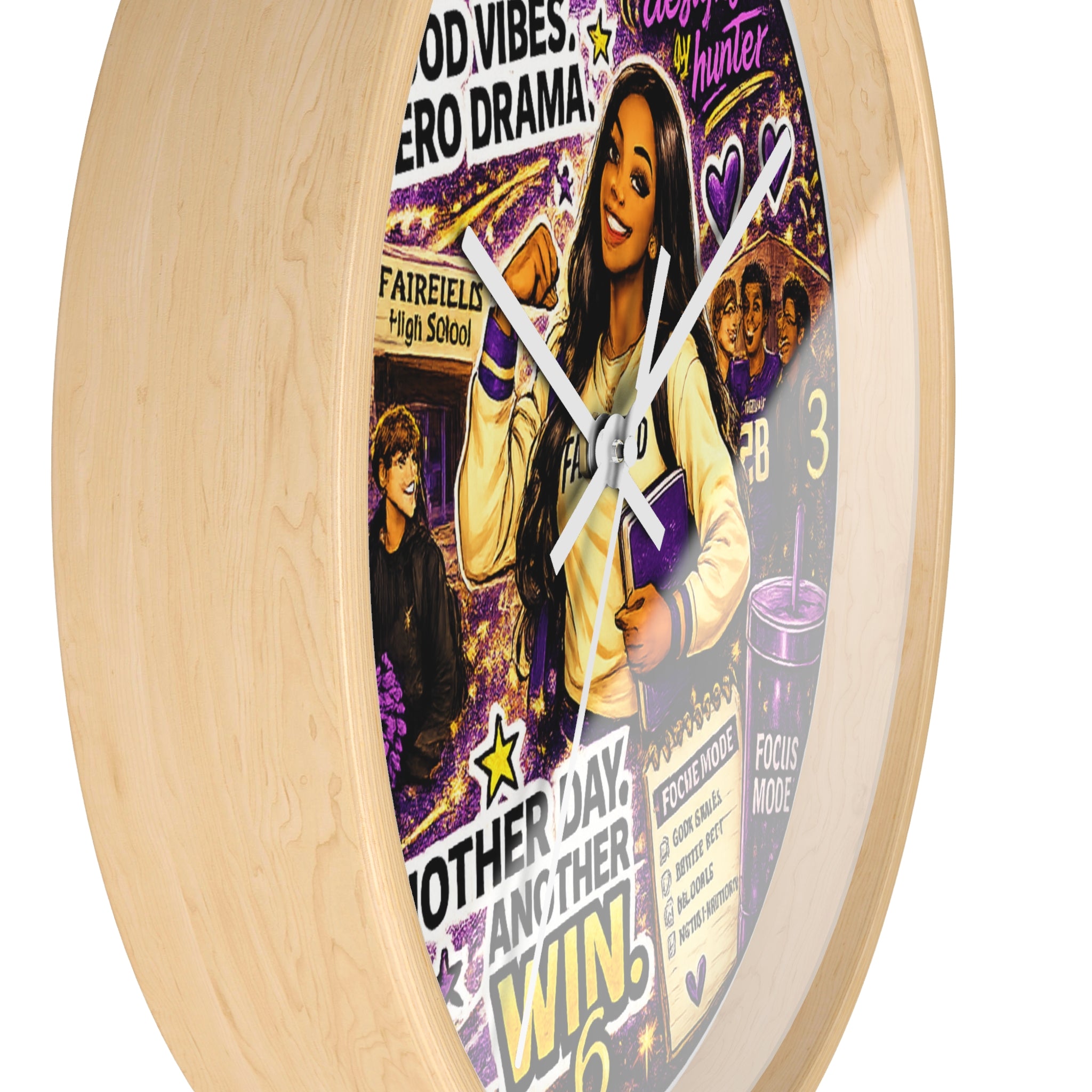 OLIVIA Collection - 10" Round Wall Clock — "Good Grades. Good Vibes. Zero Drama." Motivational Purple & Gold
