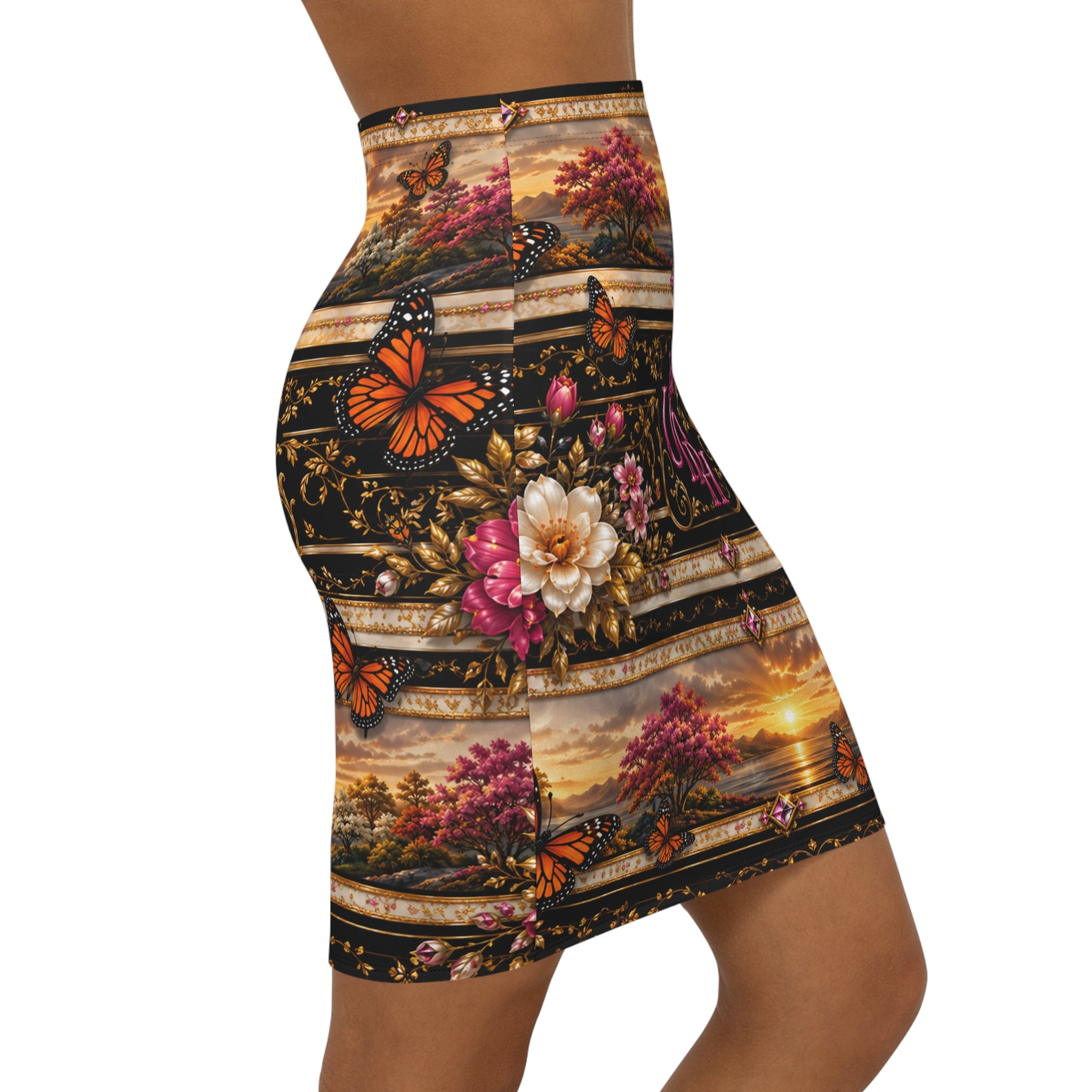 Sunset Crown Pencil Skirt — 'Queen' Butterfly Scenic Print