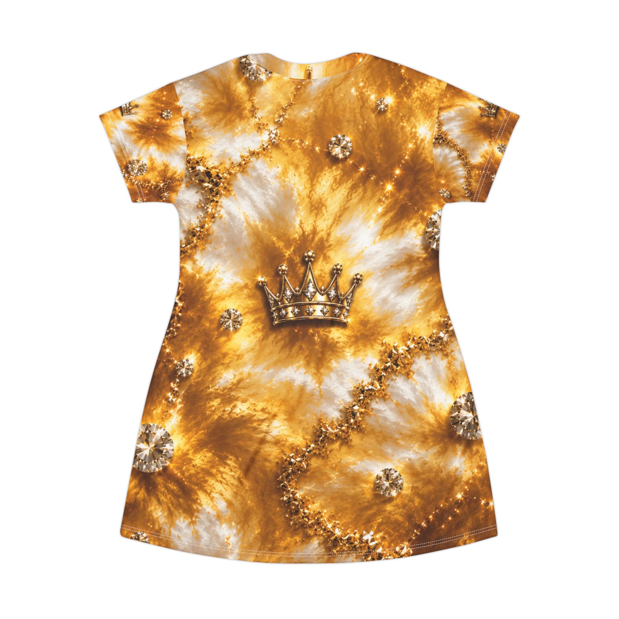 Gold Tie-Dye Crown T-Shirt Dress — Regal Boho Casual