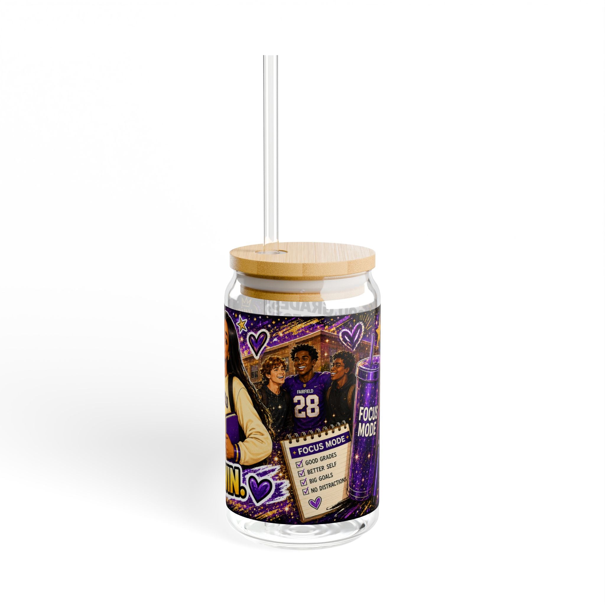OLIVIA Collection 16oz Sipper Glass — High School Education = Excellence | Motivational Purple & Gold Tumbler
