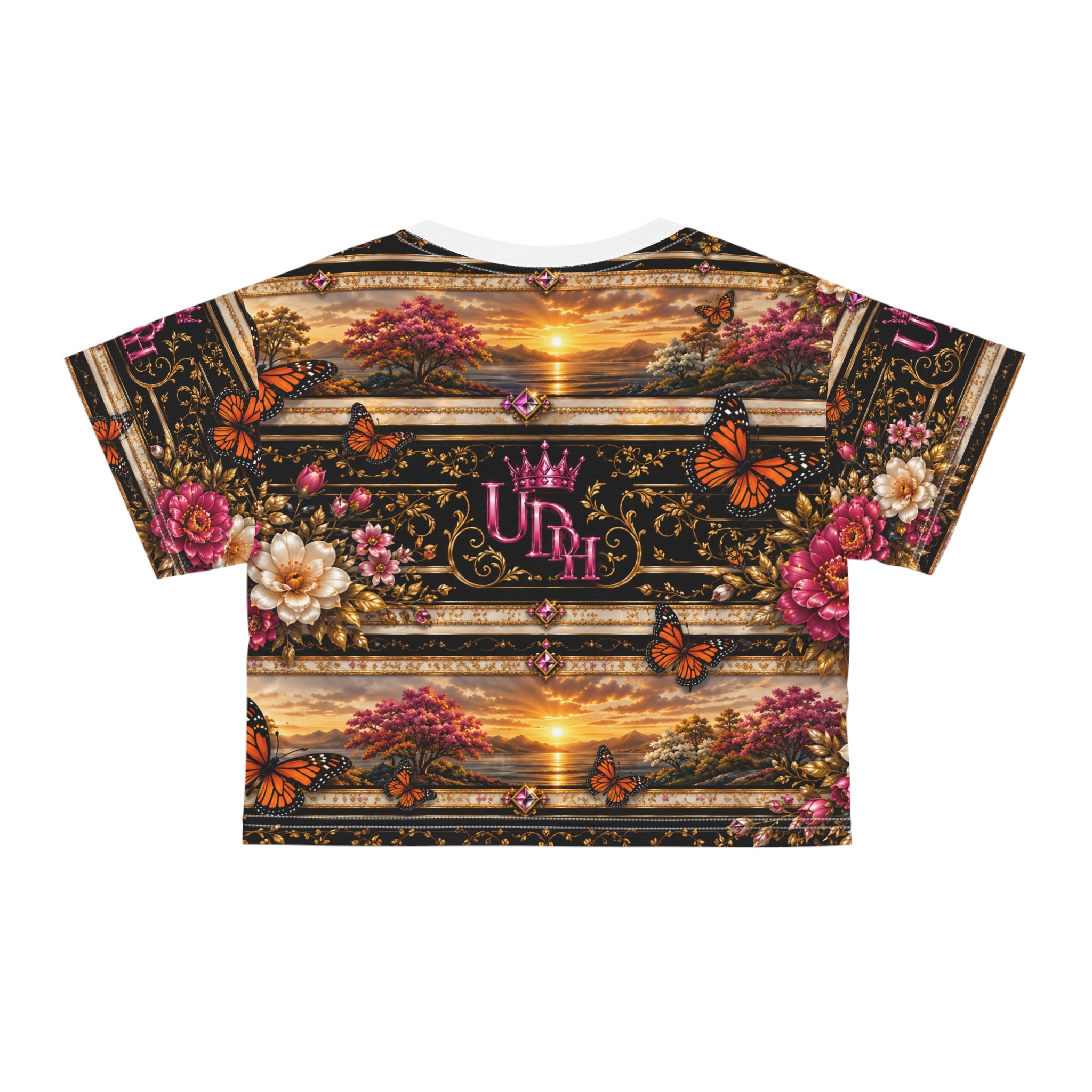 Sunset Butterfly Crop Tee — Floral Monarch All-Over Print