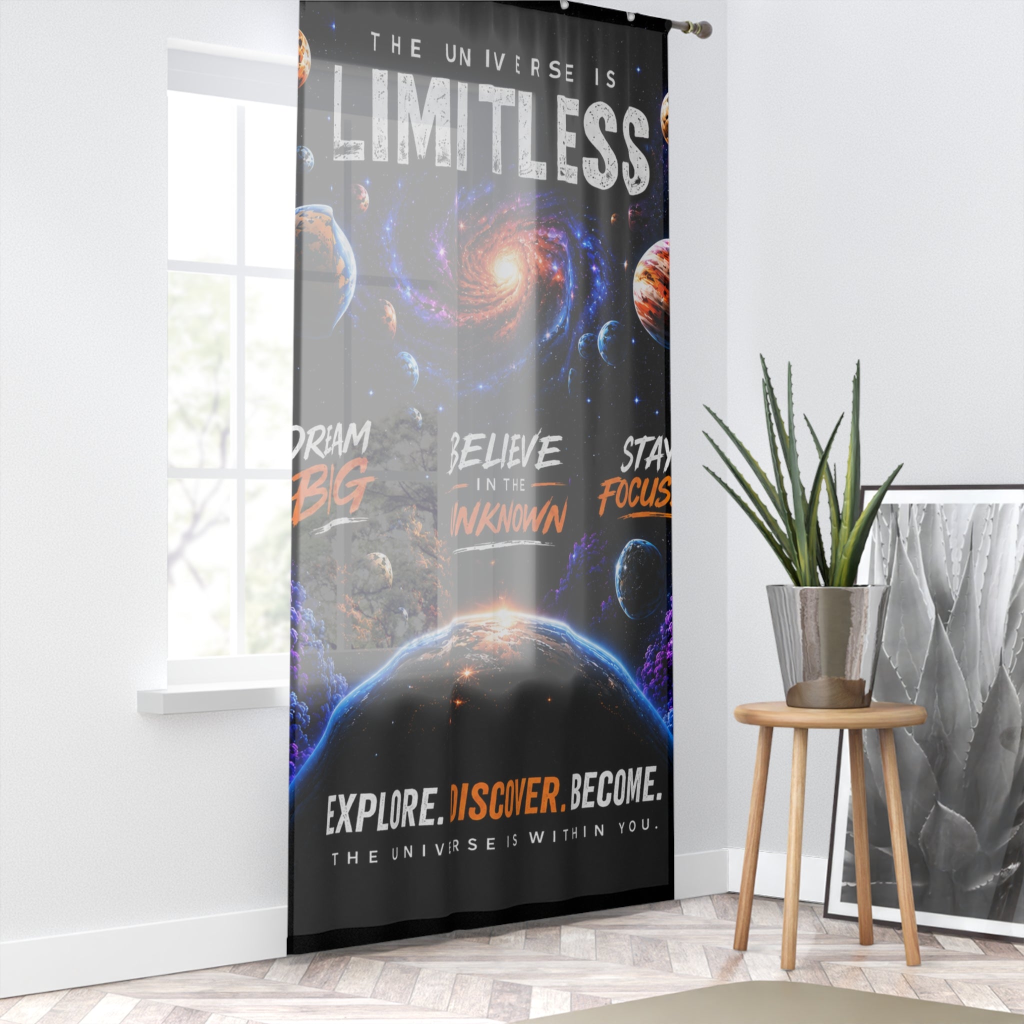 Inspirational Space Quote Window Curtain — "There's No Limit to the Universe"