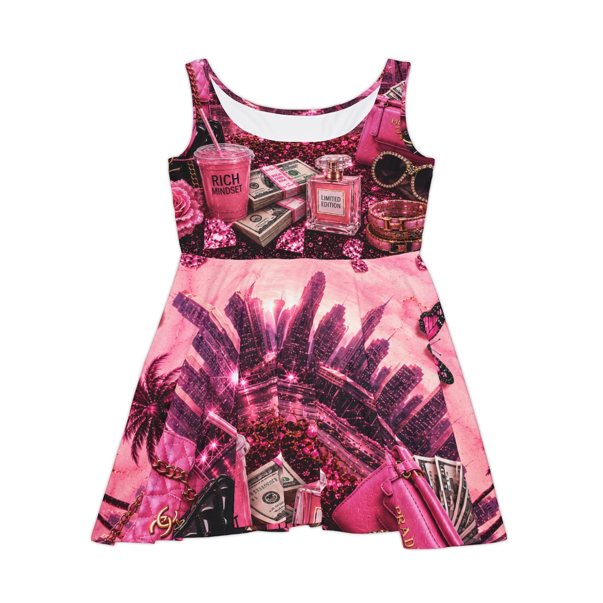 Pink Luxe Collage Skater Dress – Glam Perfume, Roses & Money Print