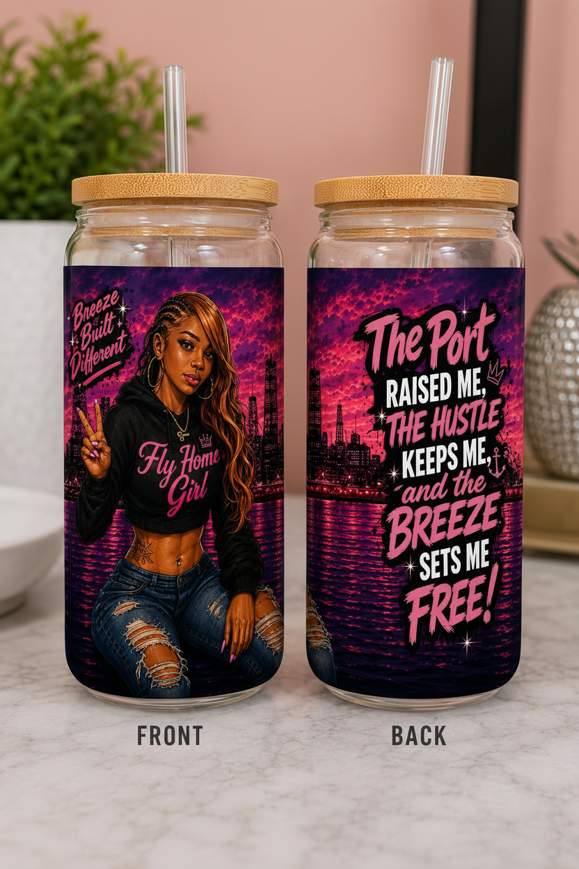 Fly Home Girl 16oz Sippy Glass — Purple Sunset Cityscape with Reusable Straw